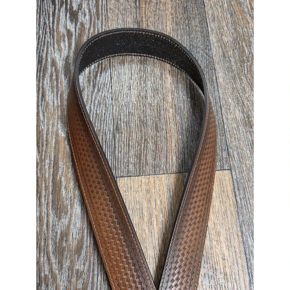 Mens Basketweave Embossed Brown Leather Western Belt Antique Brass Buckle 40